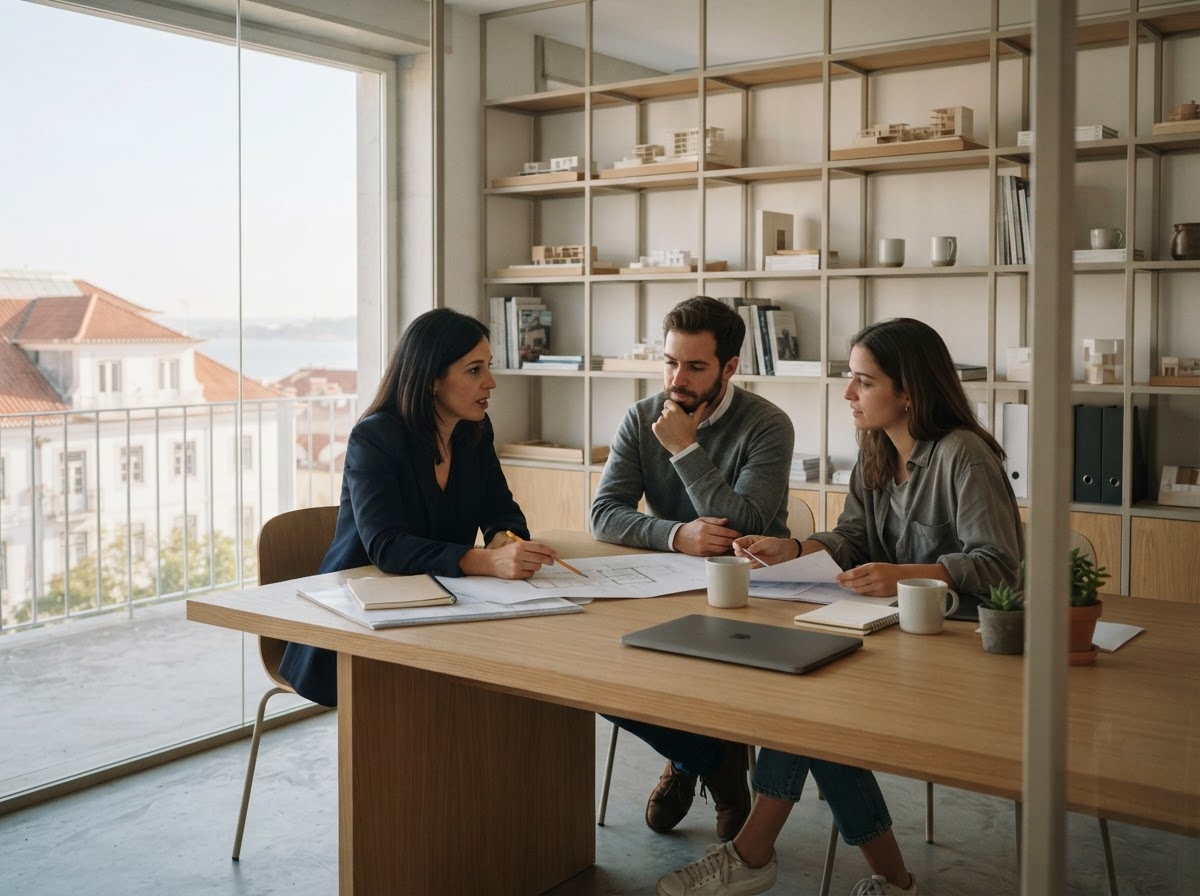 Firme Quinhária — equipa a analisar dados financeiros consolidados num ambiente de trabalho profissional